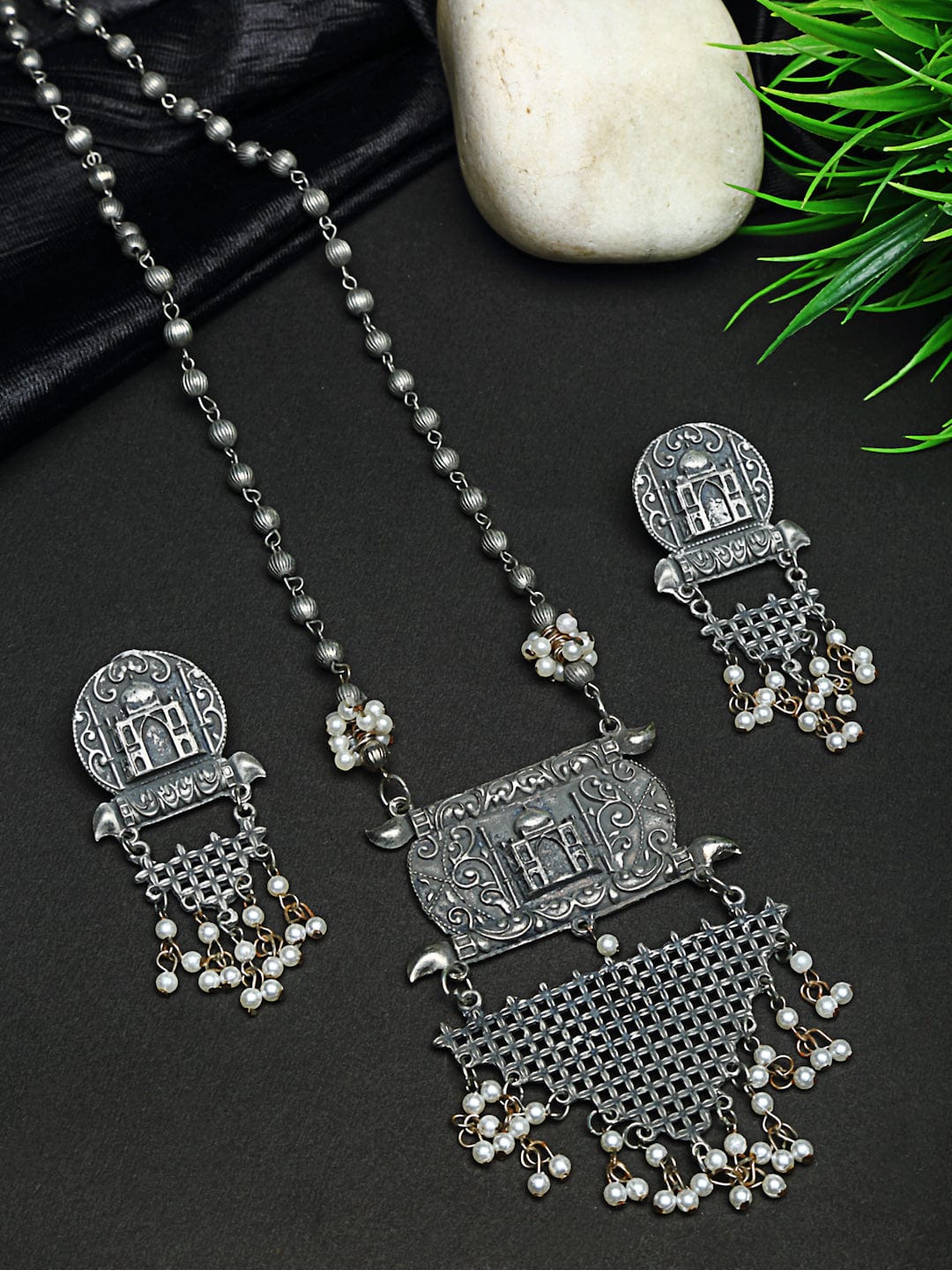 Oxidised Silver-Plated Pearl-Studded Temple Design Handcrafted Tribal Jewellery Set