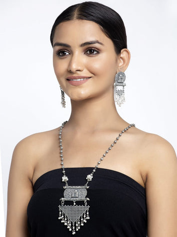 Oxidised Silver-Plated Pearl-Studded Temple Design Handcrafted Tribal Jewellery Set
