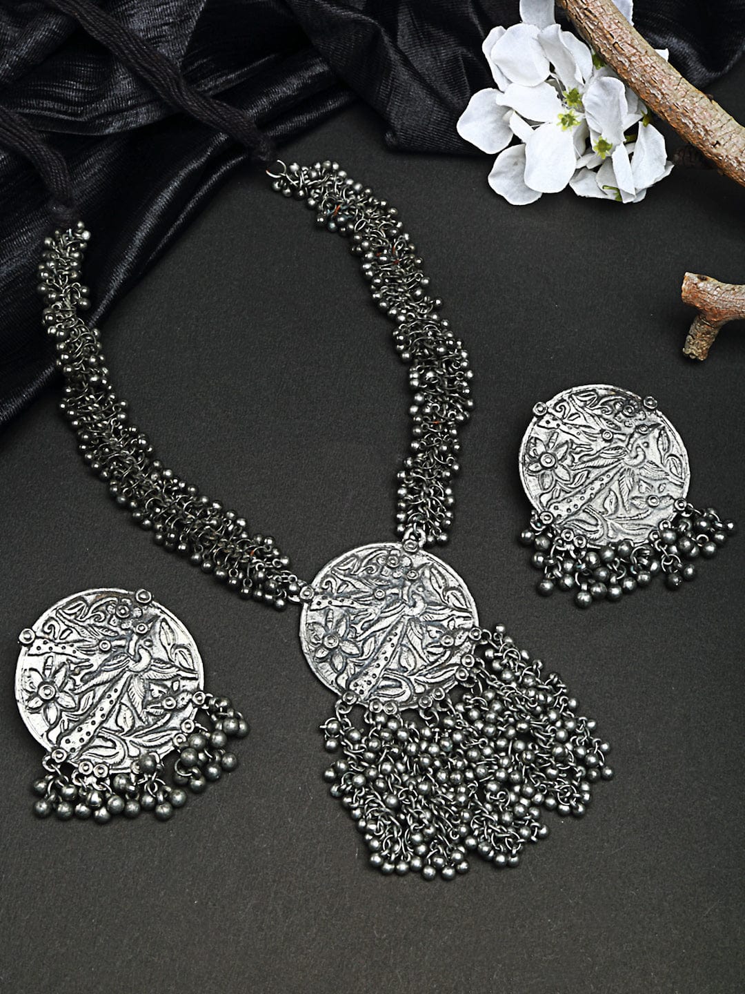 Silver-Plated Ghungroo-Studded Tribal Tasselled Design Handcrafted Temple Jewellery Set