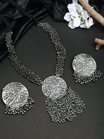Silver-Plated Ghungroo-Studded Tribal Tasselled Design Handcrafted Temple Jewellery Set