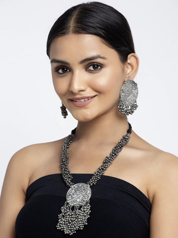 Silver-Plated Ghungroo-Studded Tribal Tasselled Design Handcrafted Temple Jewellery Set