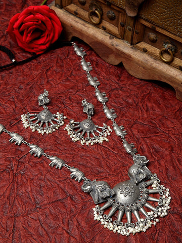 Silver-Plated White Pearl-Beaded Tribal Tasselled-Design Handcrafted Temple Jewellery Set