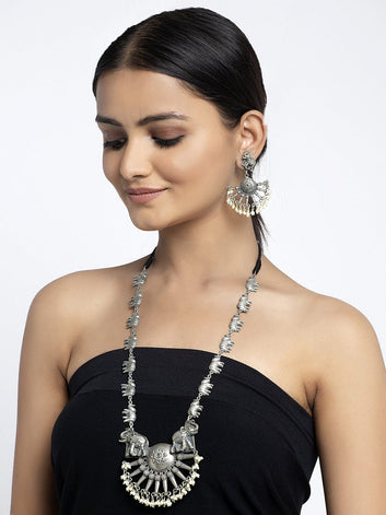 Silver-Plated White Pearl-Beaded Tribal Tasselled-Design Handcrafted Temple Jewellery Set