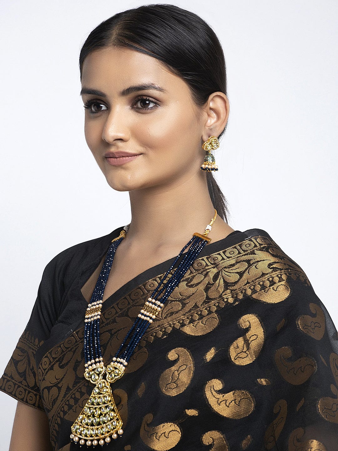 Gold-Plated Blue & White Kundan, Pearls & Onyx Cut Stones Studded Jewellery Set