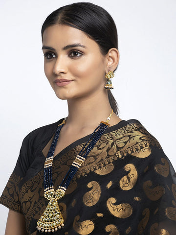 Gold-Plated Blue & White Kundan, Pearls & Onyx Cut Stones Studded Jewellery Set