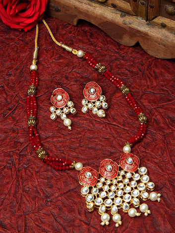Gold-Plated Red & White Kundan Pearl Onyx Studded Beaded Handcrafted Jewellery Set