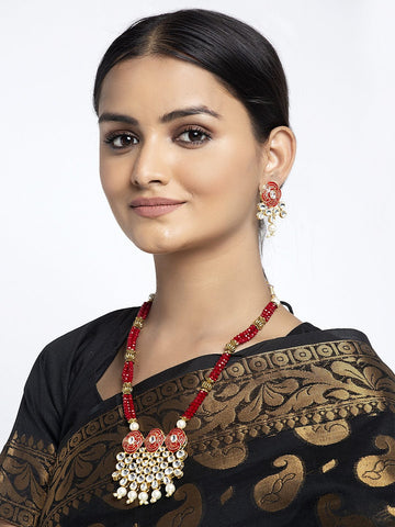 Gold-Plated Red & White Kundan Pearl Onyx Studded Beaded Handcrafted Jewellery Set