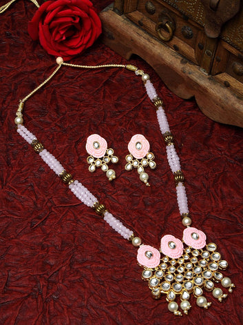 Gold-Plated Pink & White Kundan Onyx Studded Pearl Beaded Jewellery Set