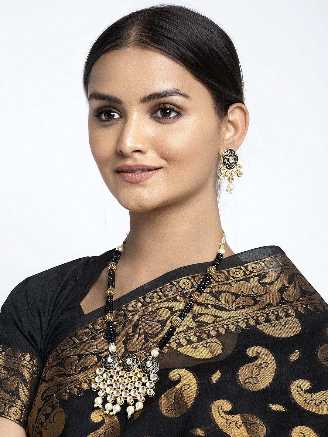 Gold-Plated Black & White Kundan Onyx Studded Pearl Beaded Handcrafted Jewellery Set