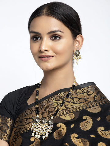 Gold-Plated Black & White Kundan Onyx Studded Pearl Beaded Handcrafted Jewellery Set