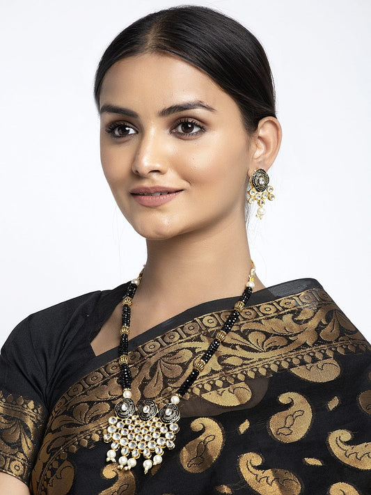 Gold-Plated Black & White Kundan Onyx Studded Pearl Beaded Handcrafted Jewellery Set