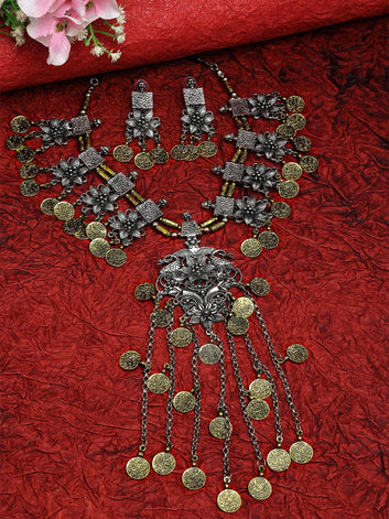 Oxidised Gold-Plated Silver-Toned Floral-Shaped Tribal Tasselled Handcrafted Jewellery Set