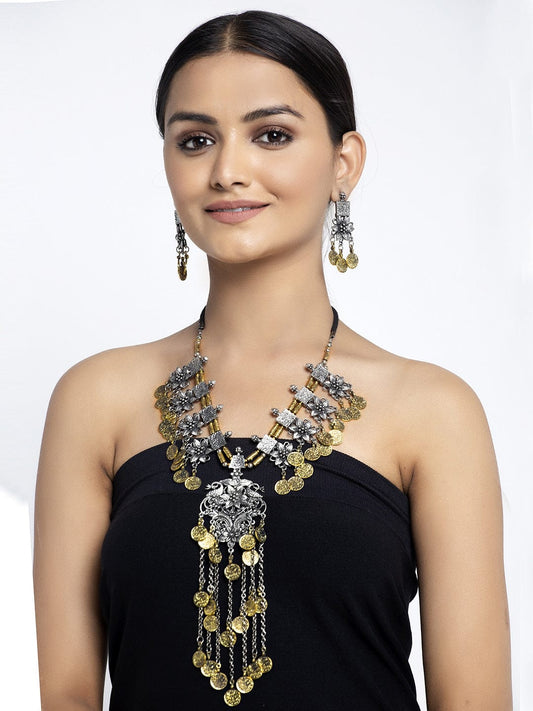 Oxidised Gold-Plated Silver-Toned Floral-Shaped Tribal Tasselled Handcrafted Jewellery Set