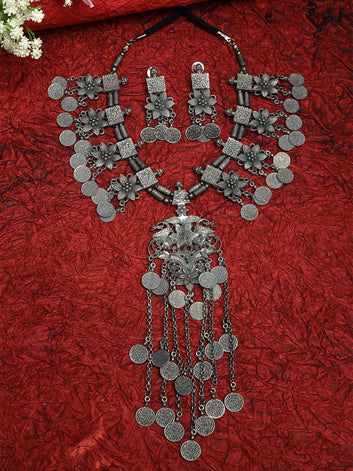 Oxidised Silver-Plated Handcrafted Tribal Tasselled Floral Jewellery Set