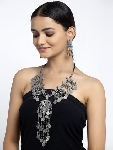 Oxidised Silver-Plated Handcrafted Tribal Tasselled Floral Jewellery Set
