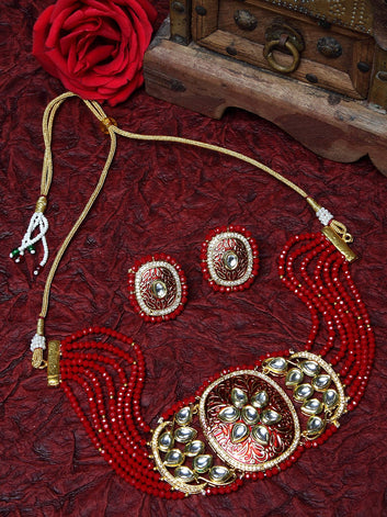 Gold-Plated Red & White Kundan Onyx Studded Pearl Beaded Handcrafted Jewellery Set