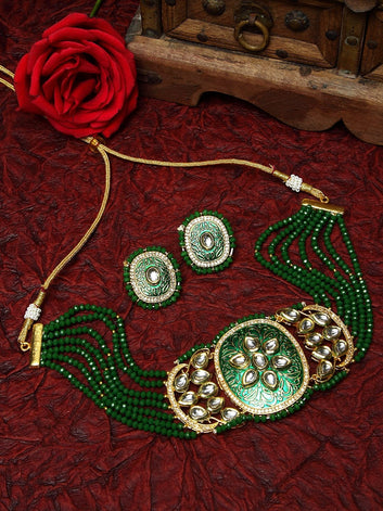 Gold-Plated Green & White Kundan & Onyx Stone-Studded & Pearl Beaded Meenakari Jewellery Set