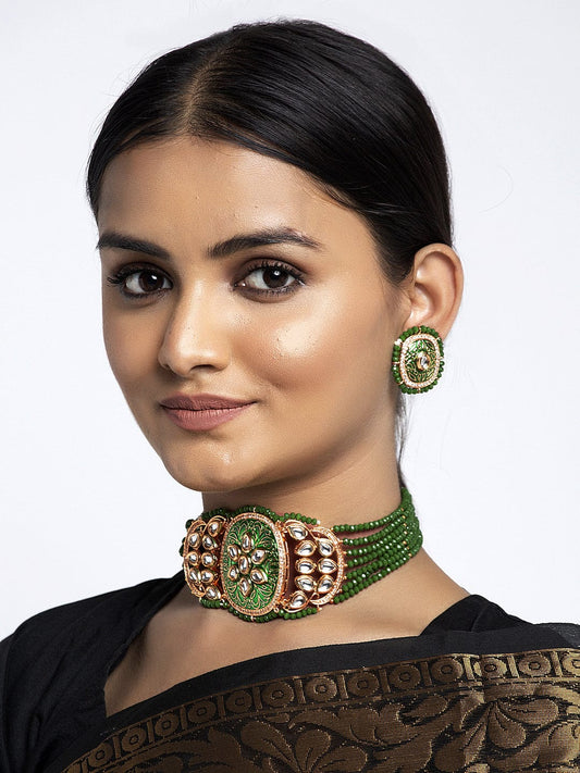 Gold-Plated Green & White Kundan & Onyx Stone-Studded & Pearl Beaded Meenakari Jewellery Set