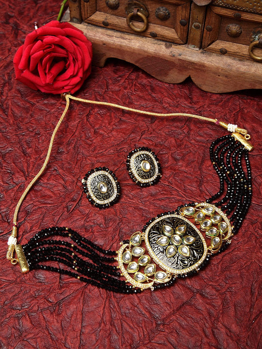 Gold-Plated Black Kundan Onyx Beaded Hand Painted Meenakari Jewellery Set