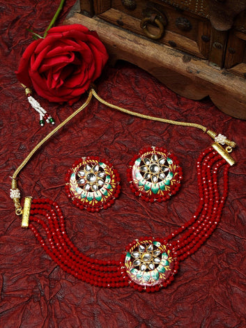 Gold-Plated Red & White Onyx & Kundan-Studded Meenakari Jewellery Set