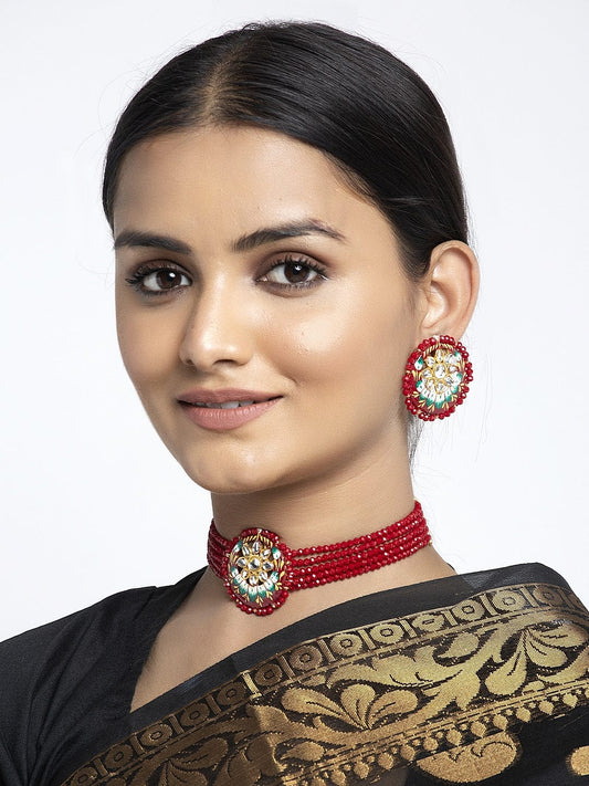 Gold-Plated Red & White Onyx & Kundan-Studded Meenakari Jewellery Set
