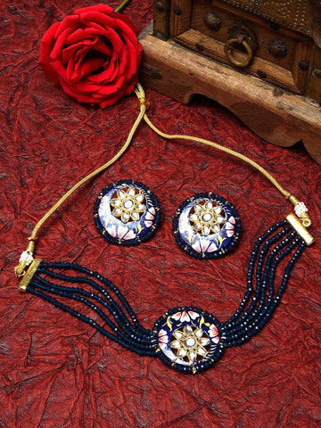 Gold-Plated & Blue Beaded Kundan & Onyx Stones-Studded Floral Design Meenakari Work Jewellery Set