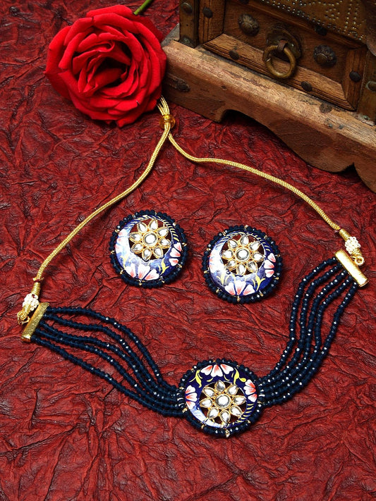 Gold-Plated & Blue Beaded Kundan & Onyx Stones-Studded Floral Design Meenakari Work Jewellery Set
