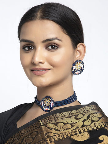 Gold-Plated & Blue Beaded Kundan & Onyx Stones-Studded Floral Design Meenakari Work Jewellery Set