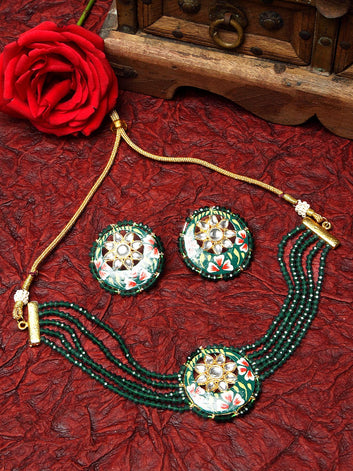 Gold-Plated White & Green Kundan-Studded Beaded Meenakari Jewellery Set