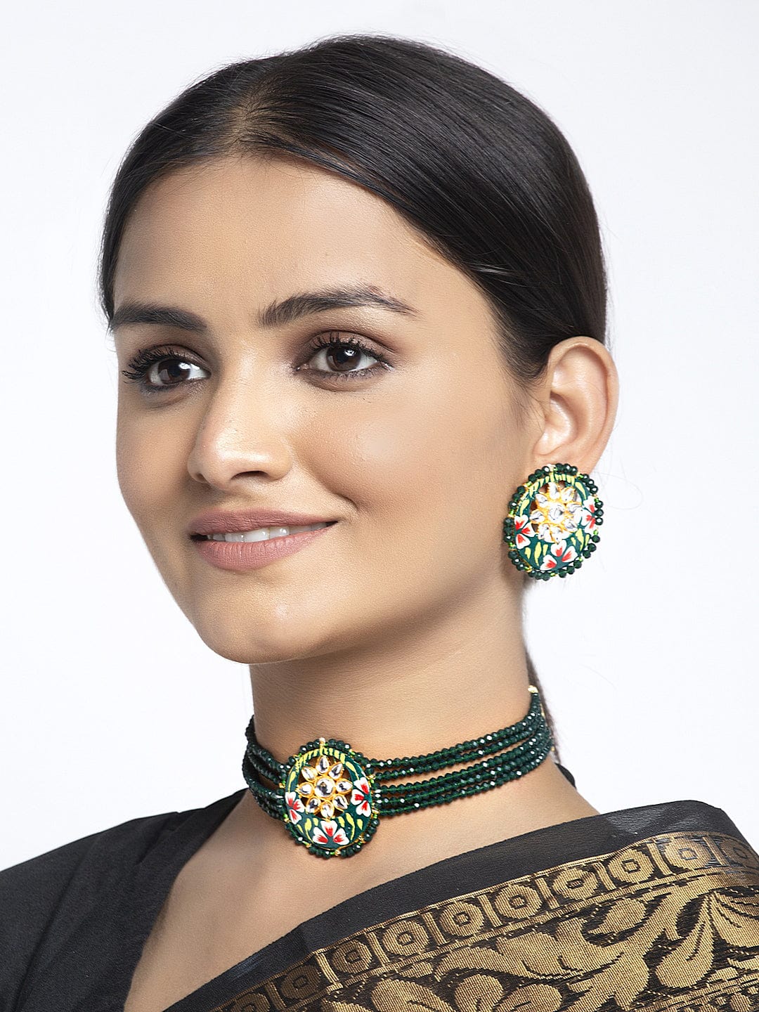 Gold-Plated White & Green Kundan-Studded Beaded Meenakari Jewellery Set