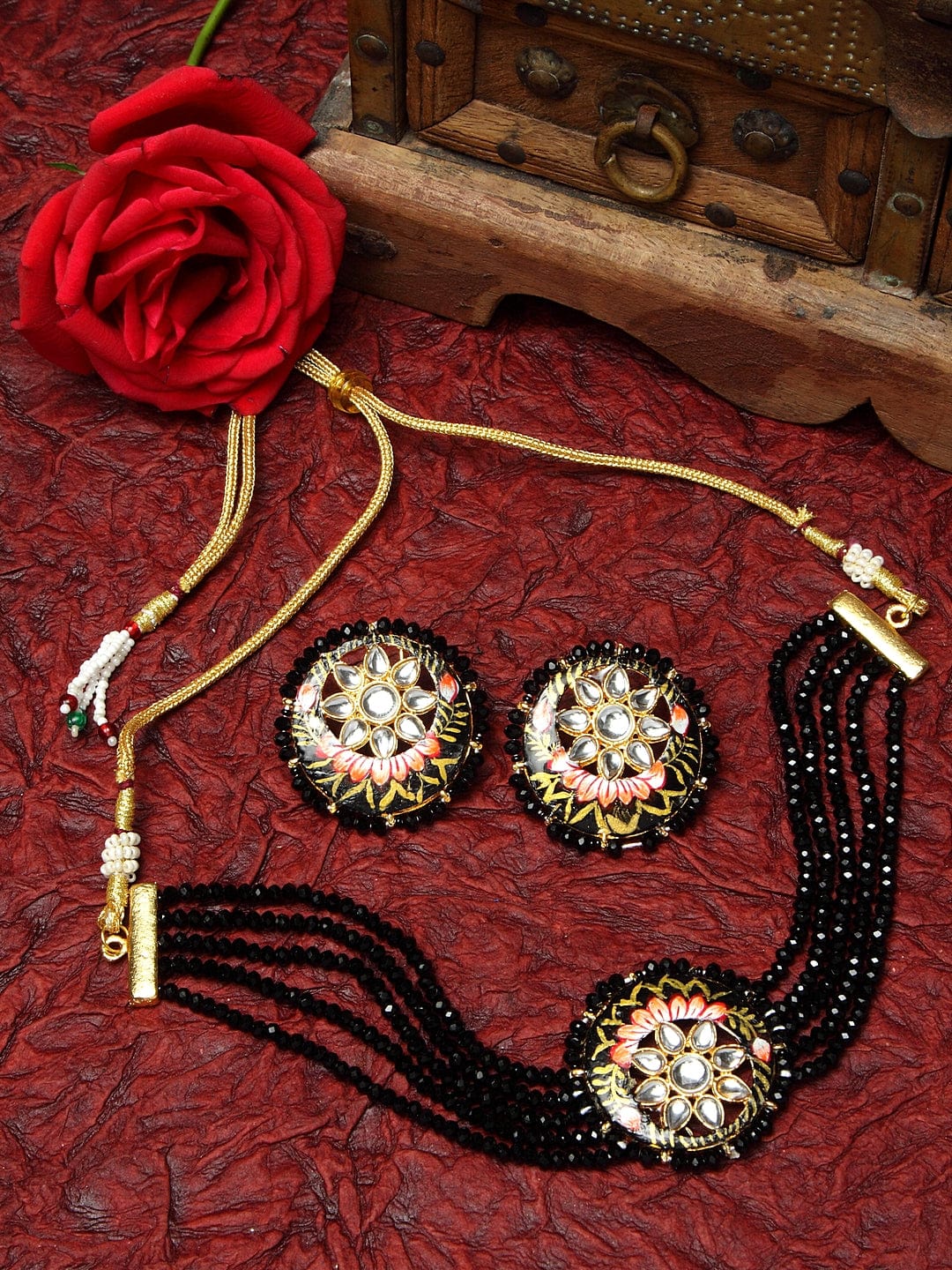 Gold-Plated Black & White Kundan Onyx Studded Beaded Handcrafted Jewellery Set