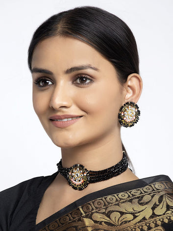Gold-Plated Black & White Kundan Onyx Studded Beaded Handcrafted Jewellery Set