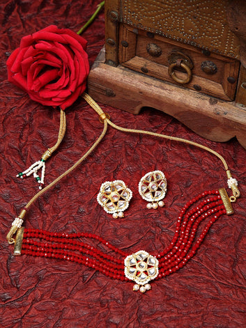 Gold-Plated Red Kundan-Studded & Pearl-Beaded Handcrafted Jewellery Set