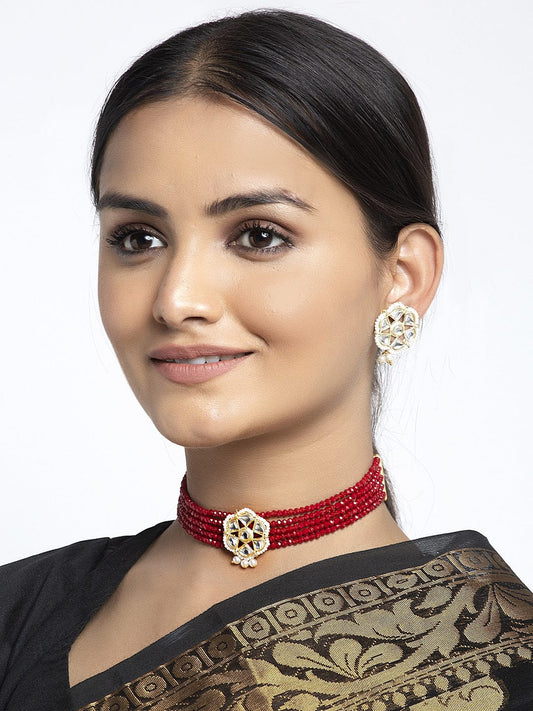 Gold-Plated Red Kundan-Studded & Pearl-Beaded Handcrafted Jewellery Set