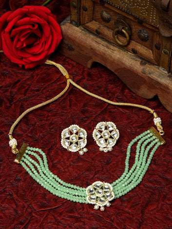 Gold-Plated Green & White Kundan Onyx Studded Pearl Beaded Floral Design Meenakari Work Handcrafted Jewellery Set