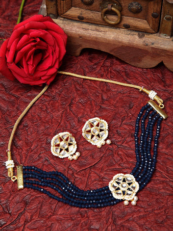 Gold-Plated Blue & White Kundan & Onyx Studded & Pearl Beaded Jewellery Set