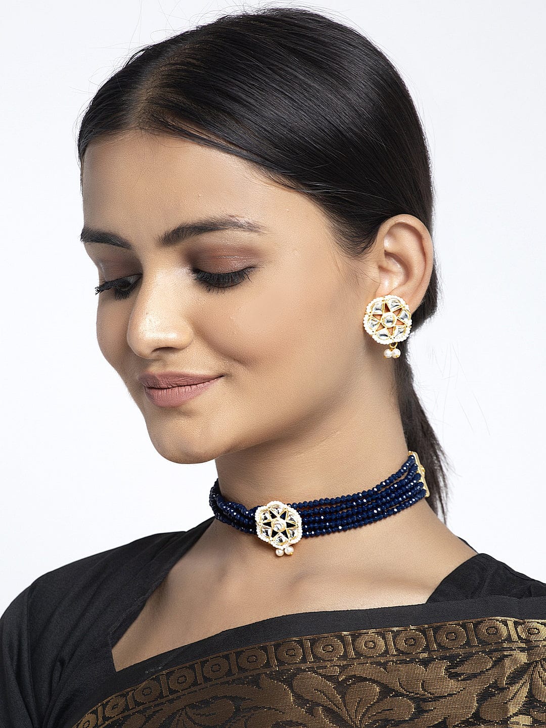 Gold-Plated Blue & White Kundan & Onyx Studded & Pearl Beaded Jewellery Set
