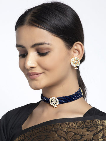 Gold-Plated Blue & White Kundan & Onyx Studded & Pearl Beaded Jewellery Set