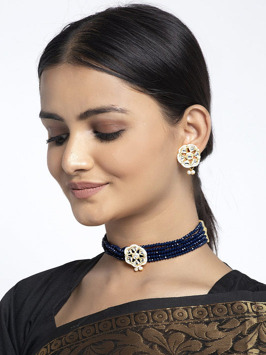 Gold-Plated Blue & White Kundan & Onyx Studded & Pearl Beaded Jewellery Set