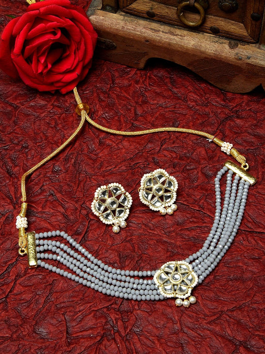 Gold-Plated Grey & White Kundan Onyx Studded Pearl Beaded Handcrafted Jewellery Set
