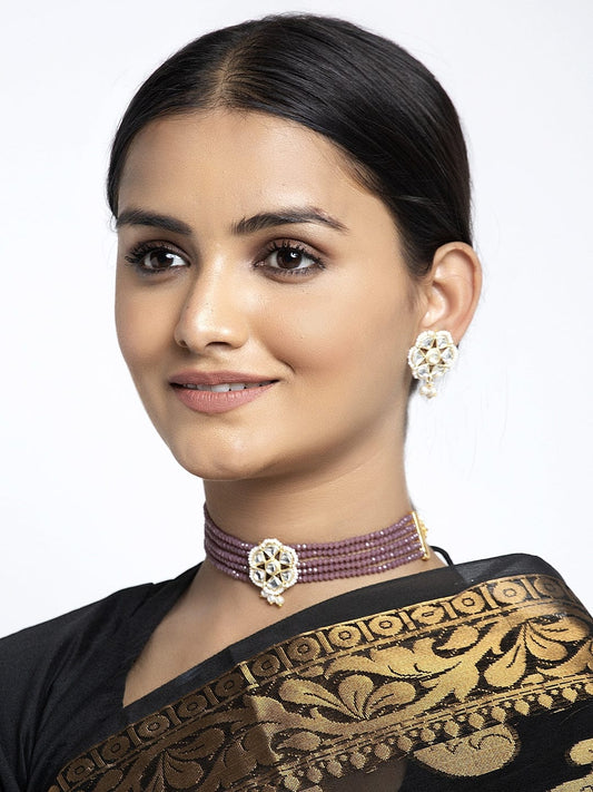 Gold-Plated Purple & White Kundan & Onyx Studded & Pearl Beaded Handcrafted Jewellery Set