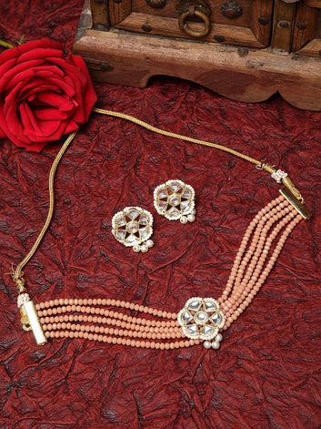 Gold-Plated Peach & White Kundan Onyx Studded Pearl Beaded Jewellery Set