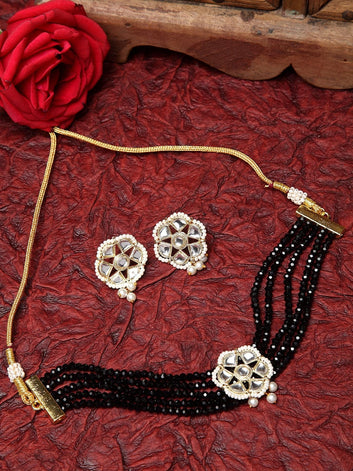 Gold-Plated White & Black Kundan-Studded & Onyx Beaded Meenakari Handcrafted Jewellery Set