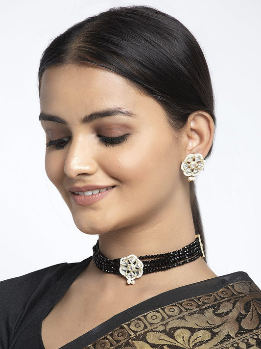 Gold-Plated White & Black Kundan-Studded & Onyx Beaded Meenakari Handcrafted Jewellery Set