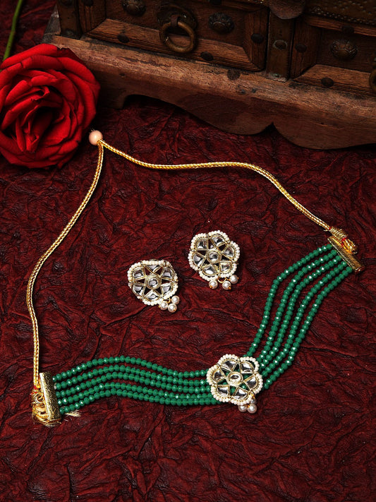 Gold-Plated Green & White Kundan Onyx Studded Pearl Beaded Handcrafted Jewellery Set