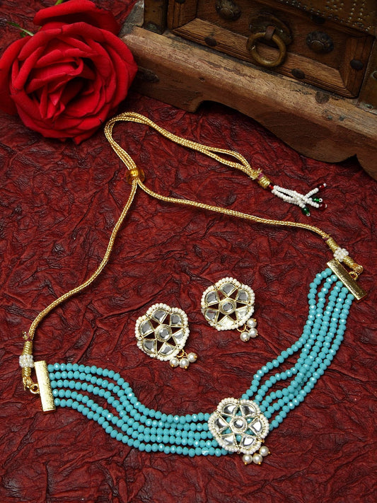 Gold-Plated White & Turquoise Blue Kundan-Studded & Onyx Beaded Meenakari Handcrafted Jewellery Set