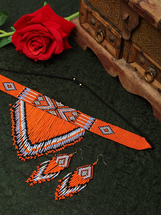 Hand Woven Orange & Blue Beaded Tasselled Design Handcrafted Afghan Jewelry Set