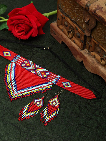 Hand Woven Red & Yellow Beaded Tasselled Design Handcrafted Afghan Jewelry Set
