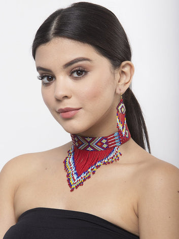 Hand Woven Red & Yellow Beaded Tasselled Design Handcrafted Afghan Jewelry Set