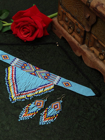 Hand Woven Turquoise Blue Beaded Tasselled Design Handcrafted Afghan Jewelry Set